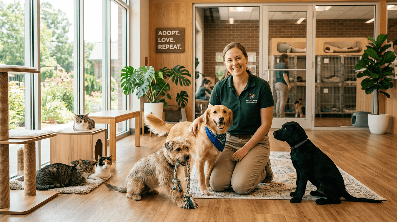 A modern animal shelter with happy dogs and cats and a smiling staff member