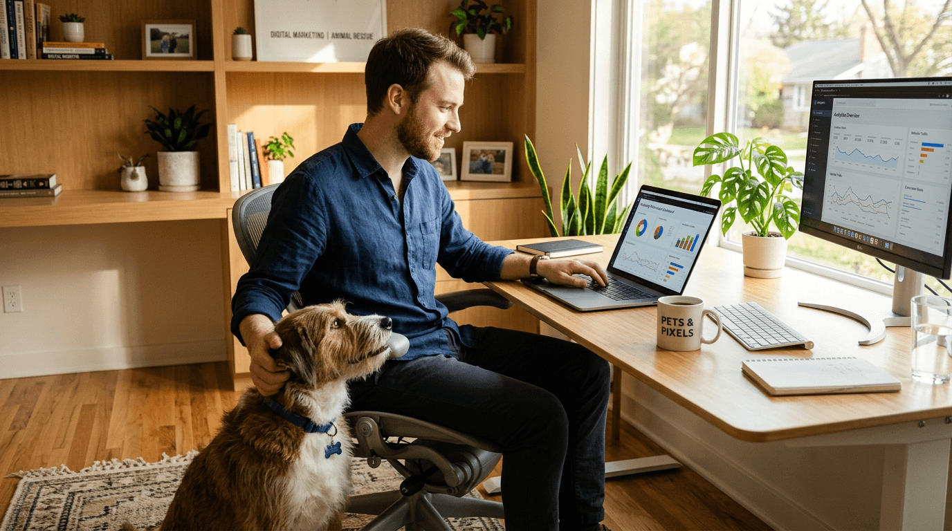 Bloom founder working at a desk with a rescue dog nearby