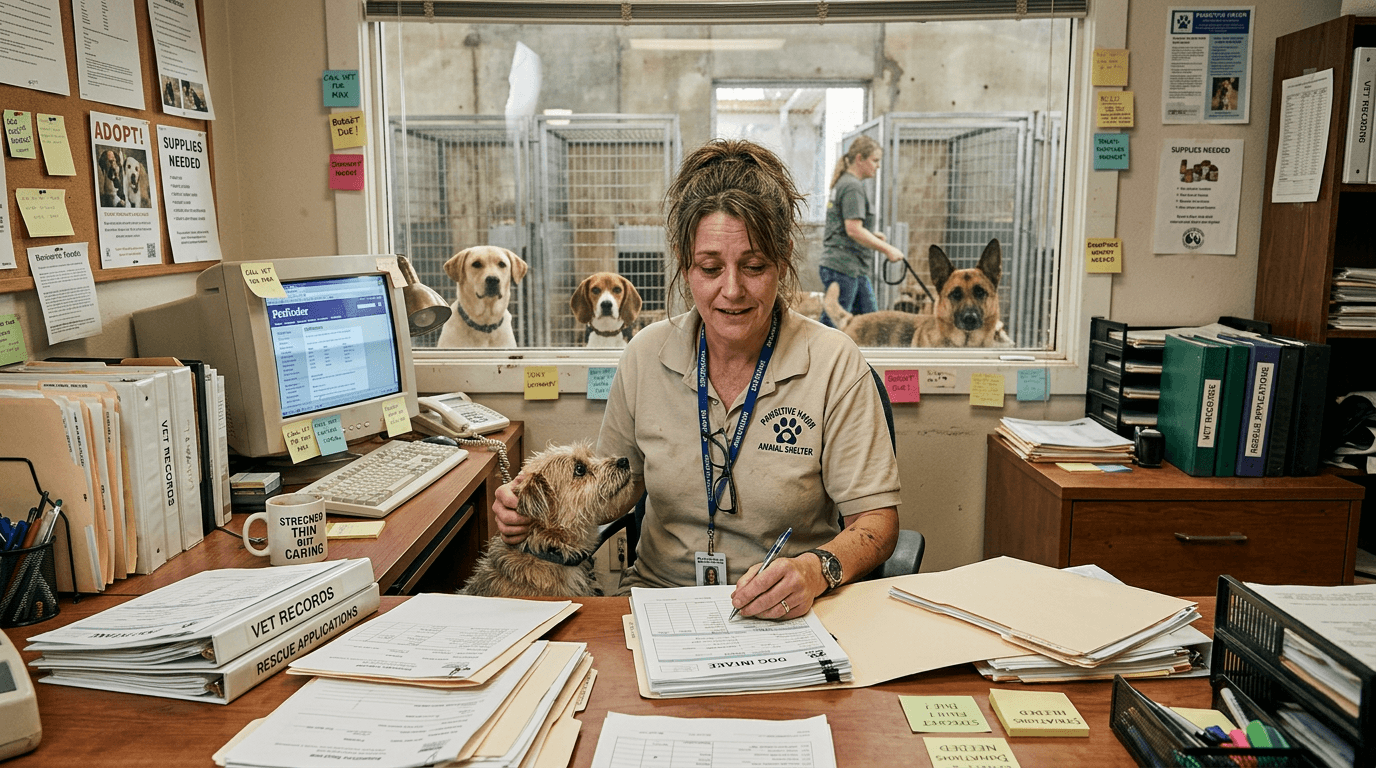 A dedicated shelter worker at a busy desk surrounded by paperwork and animals